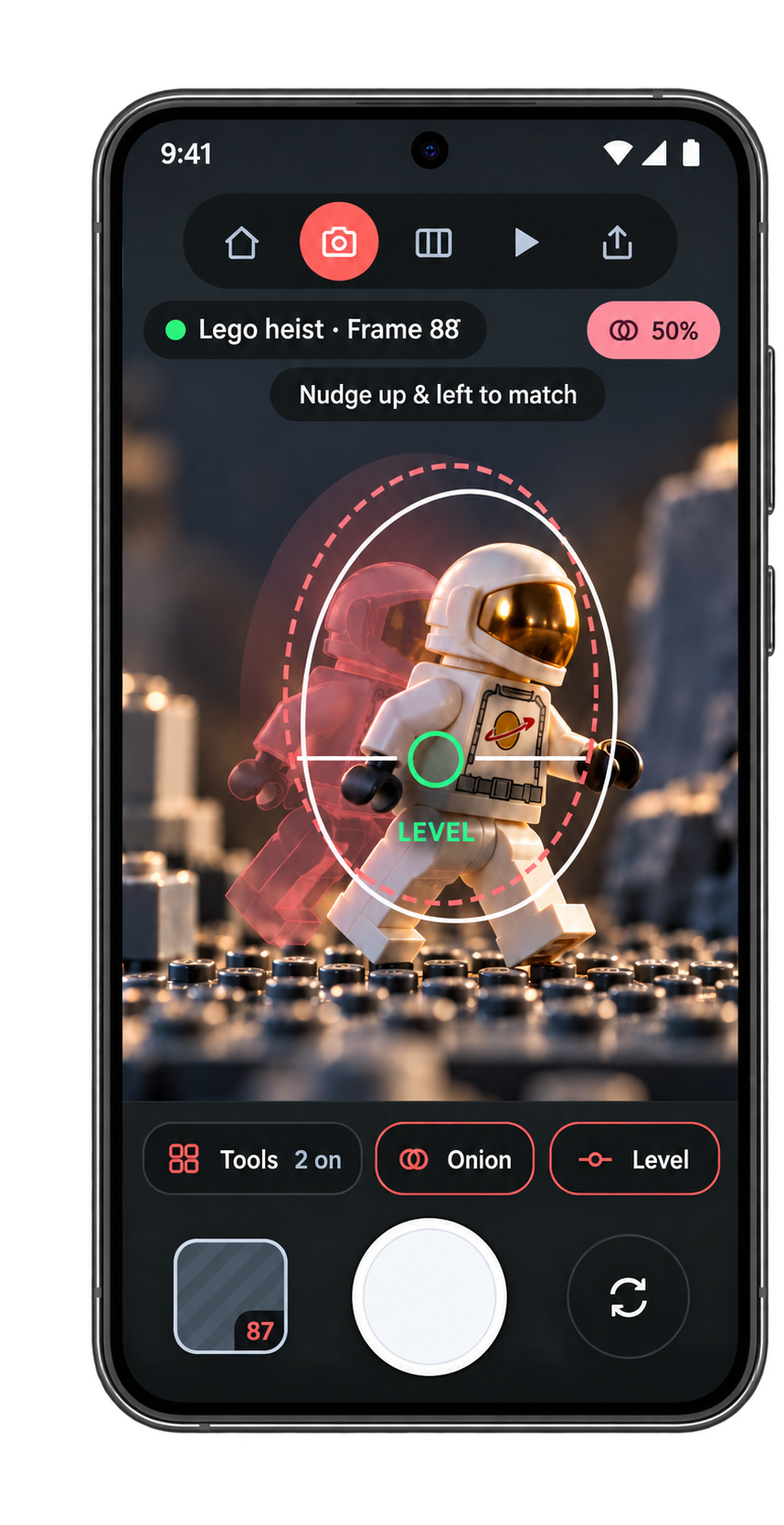 Stopmo Studio capture screen showing an onion-skin overlay, level guide and shutter